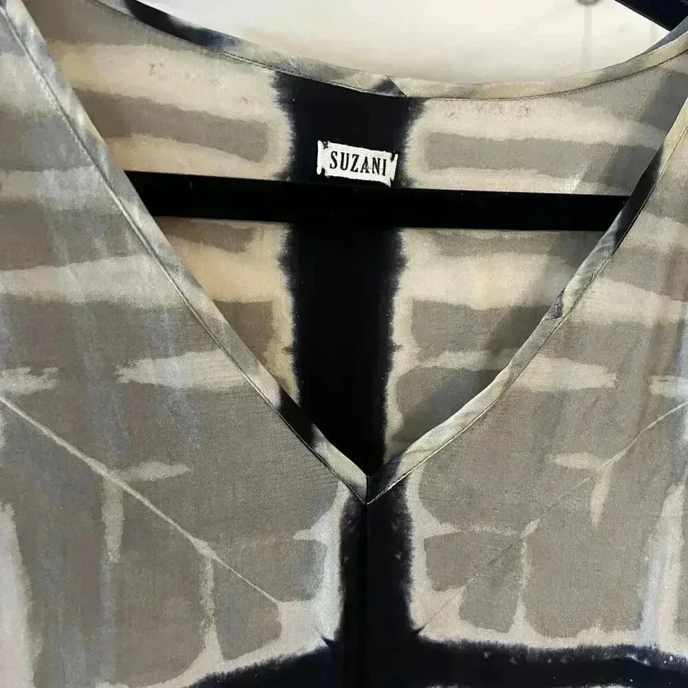181 SUZANI Silk Caftan One Size Color Cream Black - Picture 2 of 3